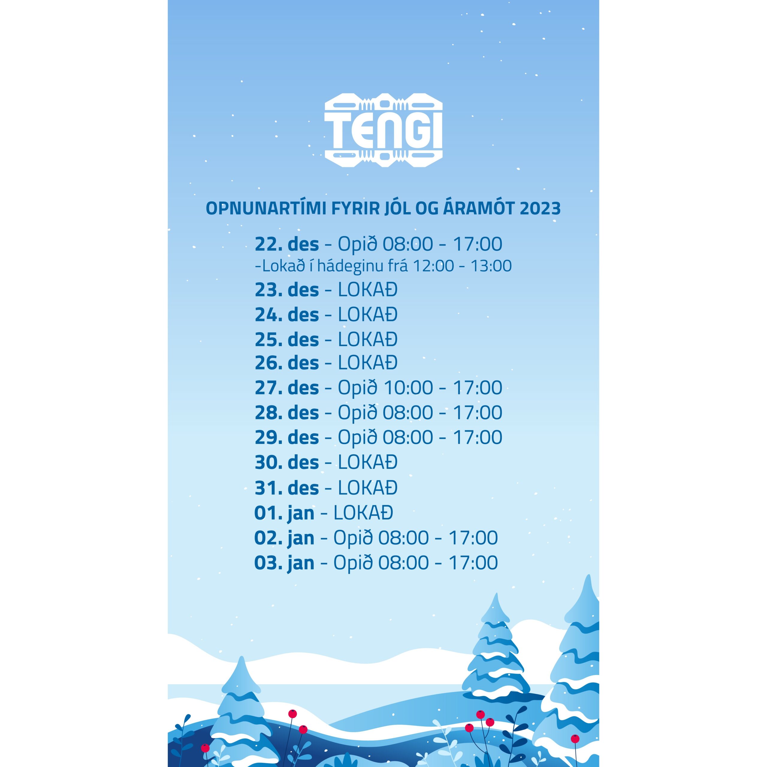 Opnunartími um jól og áramót 2023. Kynntu þér opnunartíma yfir hátíðarnar hjá Tengi.